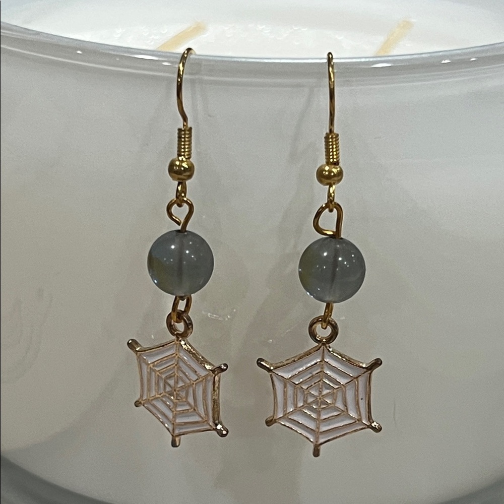 Spider Web Earrings with Aura Quartz Crystal Handmade Whimsy Goth Jewelry